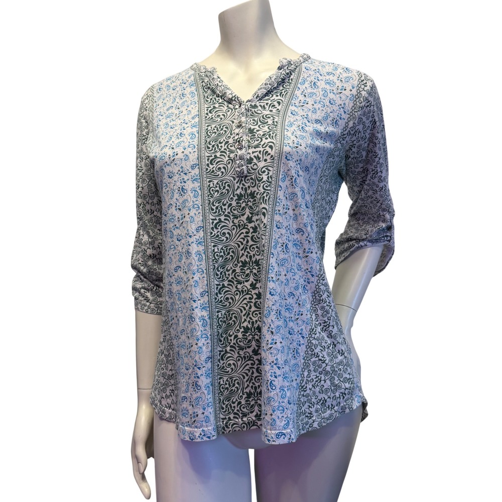 Florenza Paisley Henley Top 3/4 Sleeve Fairycore Bohemian Floral Green Blue XL